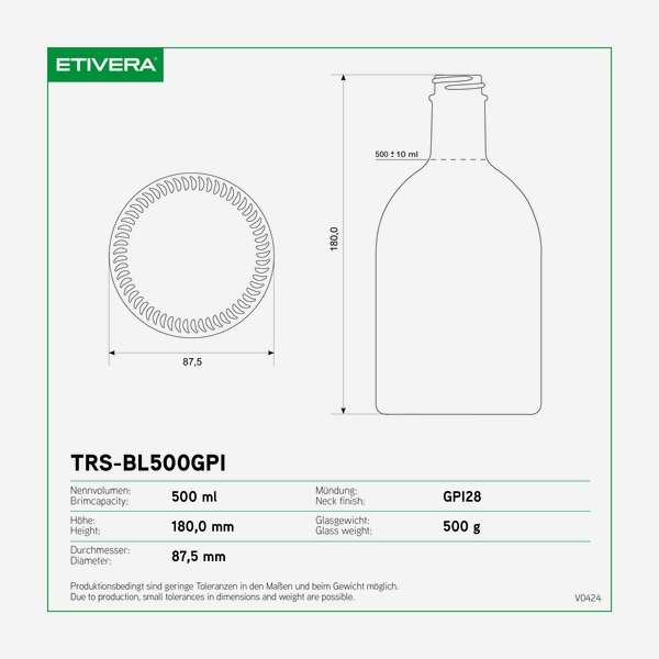 Bottiglia Trieste 500ml, vetro bianco, GPI28